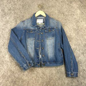 The Style Between Us Jacket M Denim Trucker Buttons Distressed Medium Wash Blue